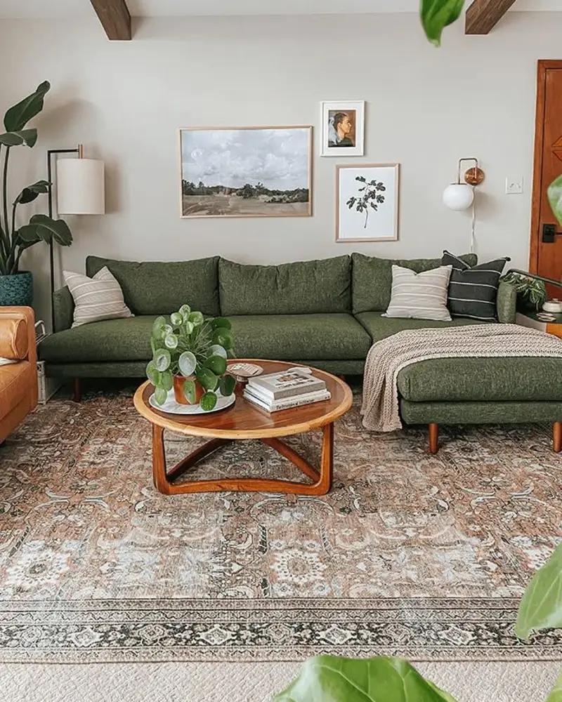 Olive Green Sectional with Round Wood Coffee Table and Layered Vintage Rug