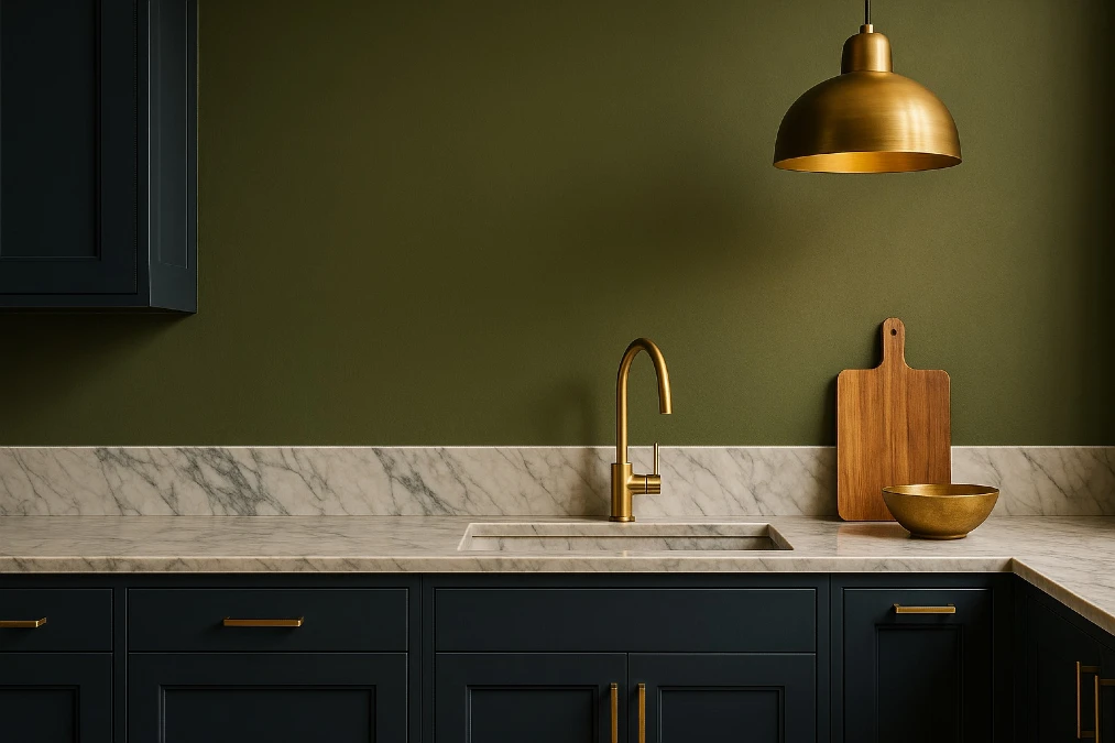 Olive Green Wall Paint With Dark Navy Cabinets