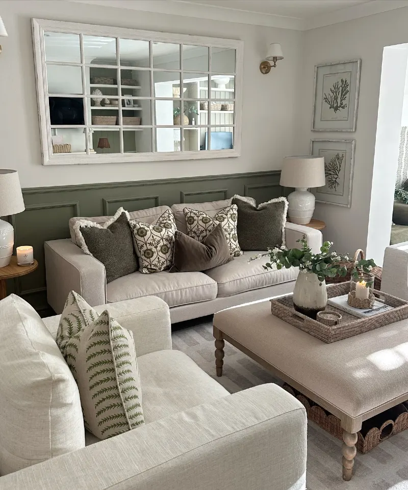 Olive Paneled Wall with Grid Mirror and Layered Neutral Seating