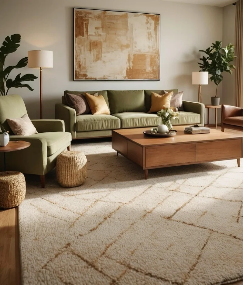 Olive Sage Sofa and Armchair with Low Wooden Coffee Table and Geometric Cream Rug