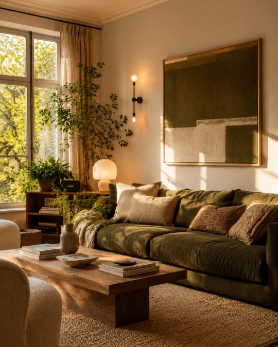Olive Velvet Sofa With Warm Wood Accents