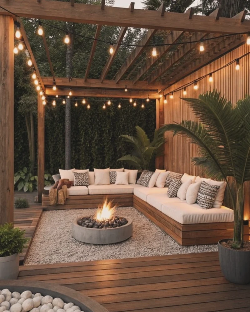 Open Beam Pergola with String Lights and Sunken Fire Pit Lounge