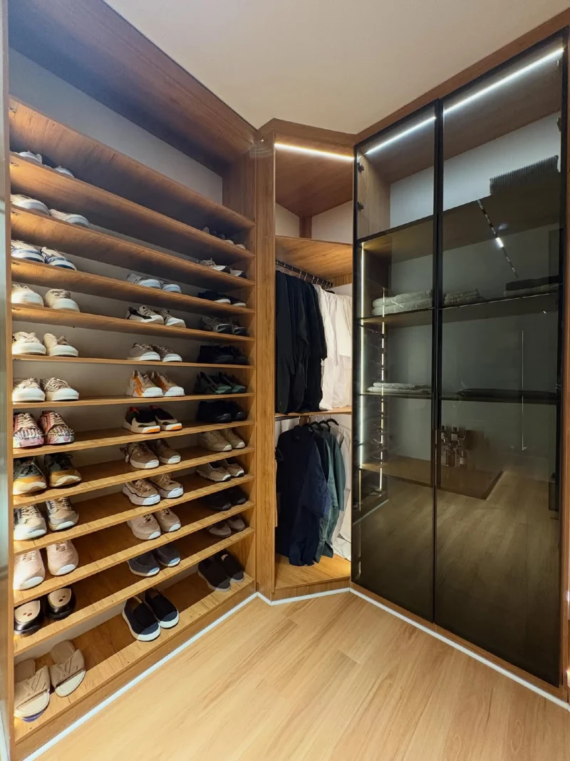 Open Corner Shelving with Smoked Glass Display Cabinetry