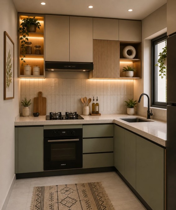 Open Niches with LED Strips Replace Upper Cabinet Doors on Both Sides of the Hood