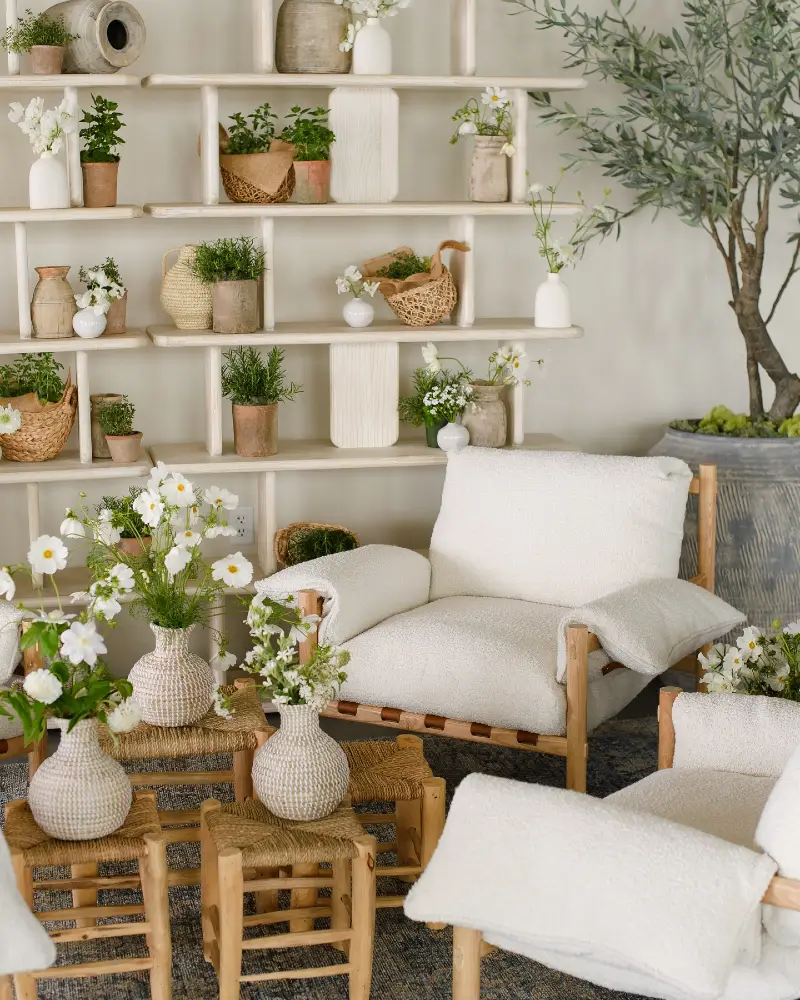 Open Wooden Shelving with Textured Armchairs and Fresh Florals