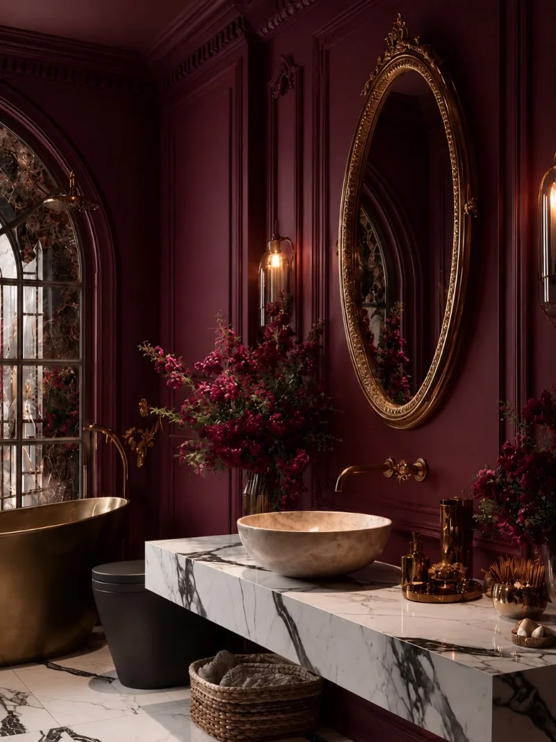 Opulent Burgundy Bathroom with Brass Accents and Marble Vanity