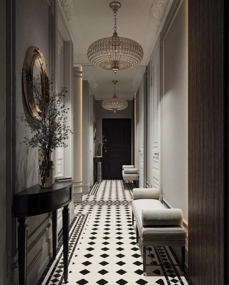Ornate Crystal Chandeliers with Geometric Monochrome Tiling and Velvet Upholstered Benches