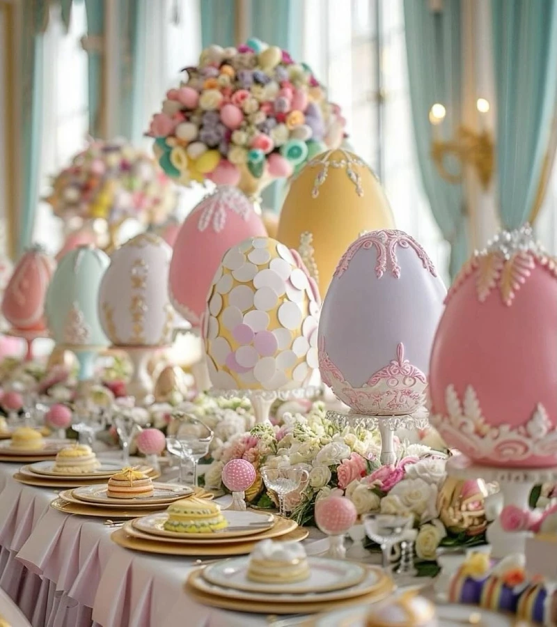 Ornate Egg Displays with Gold Accents and Pastel Florals