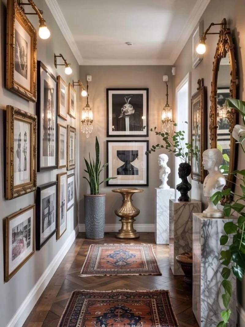 Ornate Gilt Gallery Wall with Marble Sculpture Pedestals and Vertically Stacked Monochrome Prints