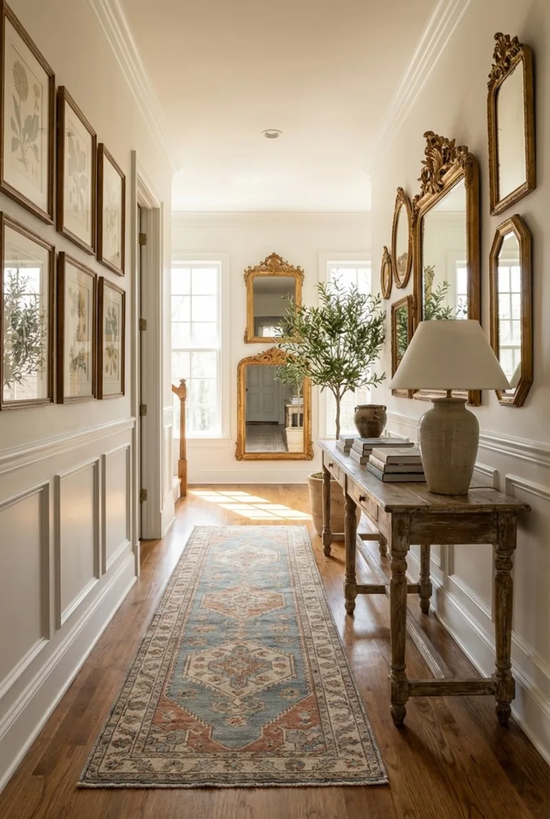 Ornate Gilt Mirror Collection with Rustic Turned-Leg Console Table and Blue Traditional Runner