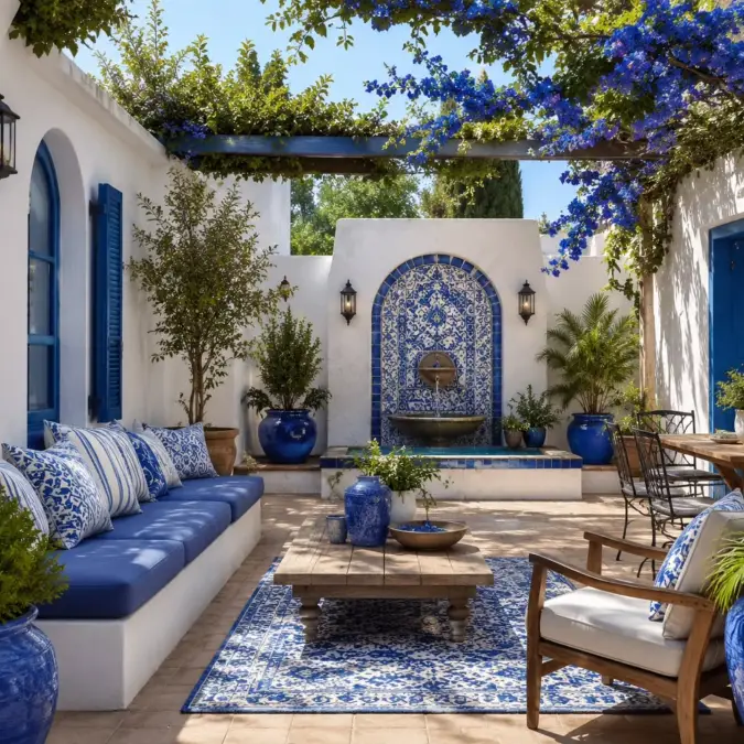 Outdoor Living Rooms Anchored by Water and Tile