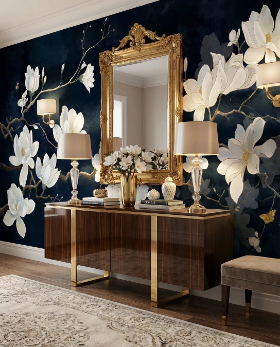 Oversized Floral Wallpaper And Ornate Gold Mirrors