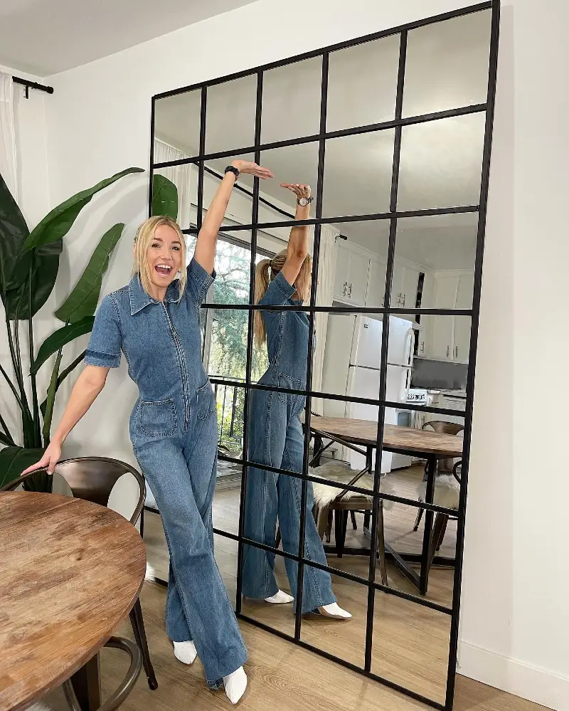 Oversized Grid-Paneled Floor Mirror with Black Metal Frame