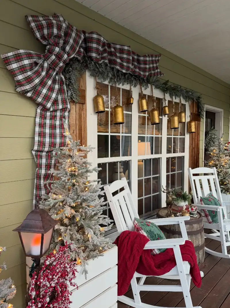 Oversized Plaid Bow with Hanging Vintage Bells and White Rocking Chairs