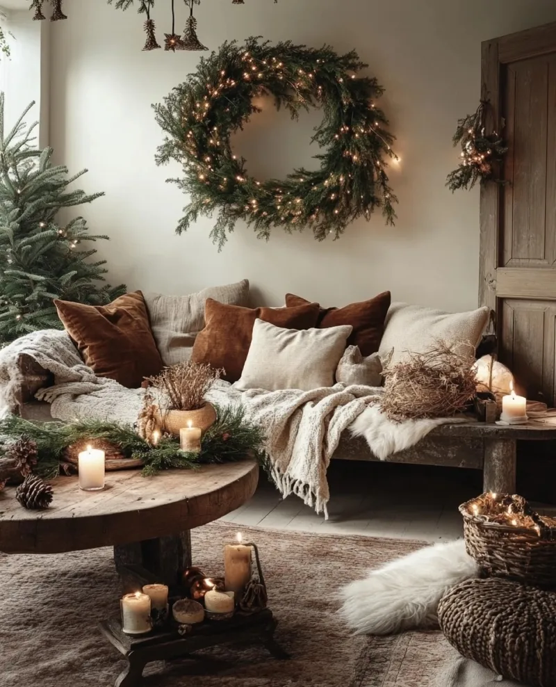 Oversized Pre-Lit Wreath with Earthy Velvet Cushions and Reclaimed Wood Table