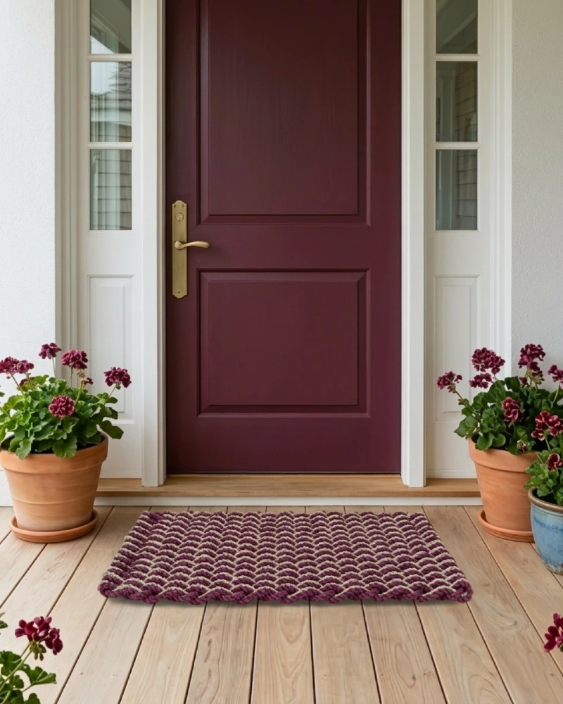 Oxblood Red Front Door with Brass Handle and Matching Geraniums