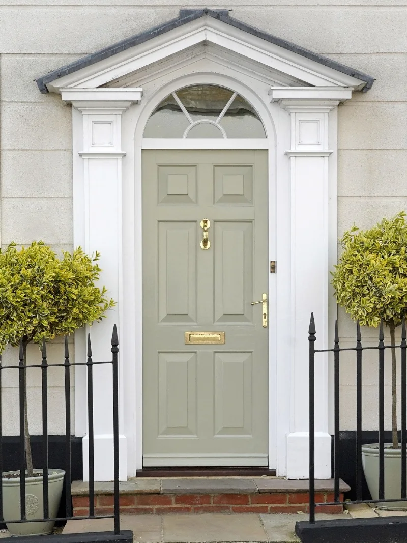 Pale Sage Front Door with Fanlight and Polished Brass Hardware
