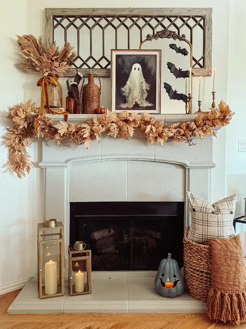 Pale Terracotta Oak Leaf Garland Mantel with Whimsical Ghost Portrait and Woven Basket
