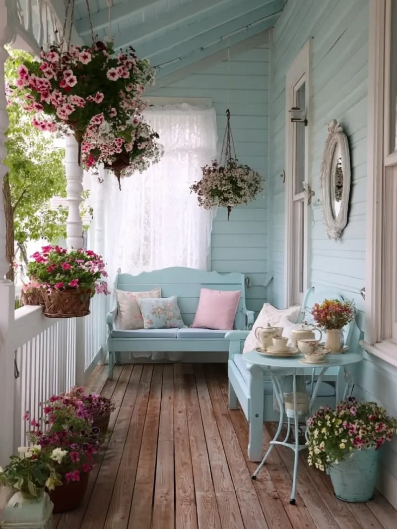 Pastel Blue Wooden Benches with Lace Curtains and Hanging Pink Flower Baskets