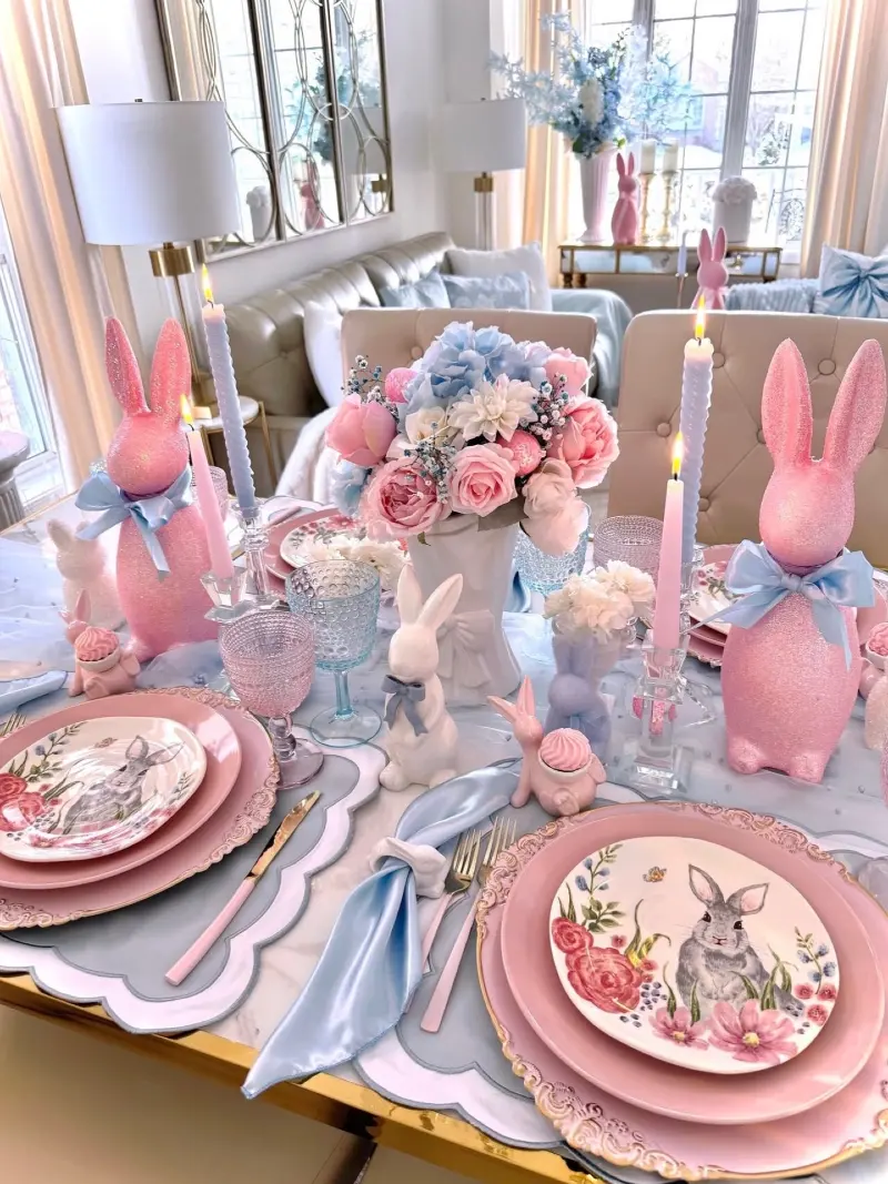 Pastel Bunny Centerpiece with Scalloped Placemats and Satin Ribbons