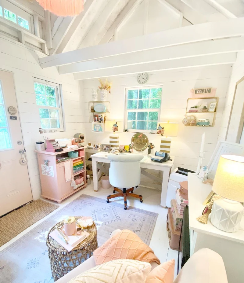 Pastel Craft Studio with Shiplap Walls and Blush Pink Accents