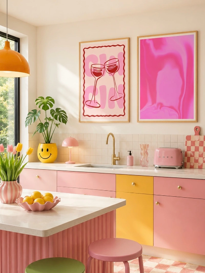Pastel Kitchen with Pink and Yellow Cabinetry and Graphic Wall Art