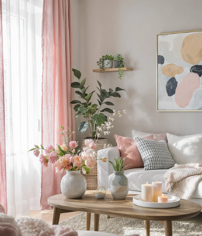 Pastel Living Room with Blush Drapes and Organic Decor