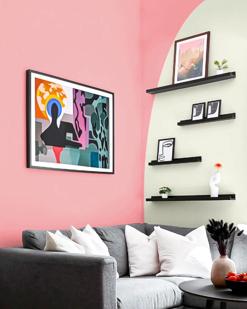 Pastel Pink Living Room Corner with Sage Green Painted Arch and Floating Ledges
