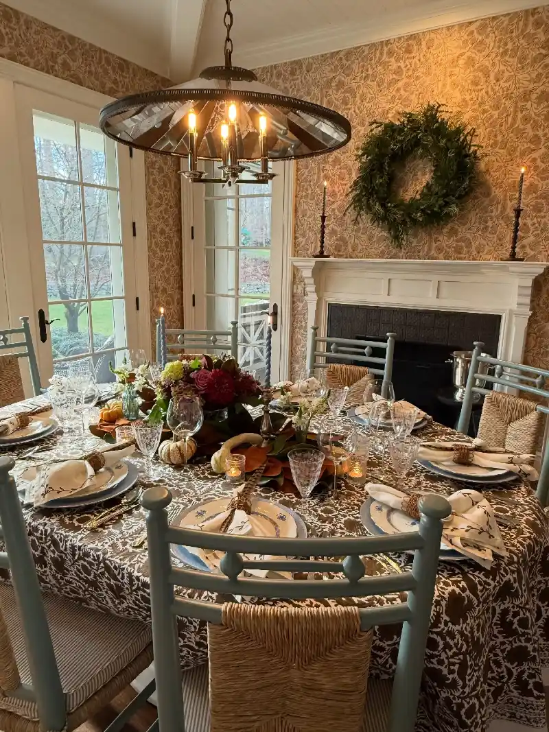 Patterned Tablecloth with Magnolia Leaf Centerpiece