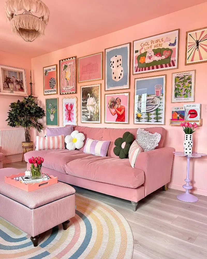 Peach-Hued Living Room with Rainbow Rug and Dense Gallery Wall