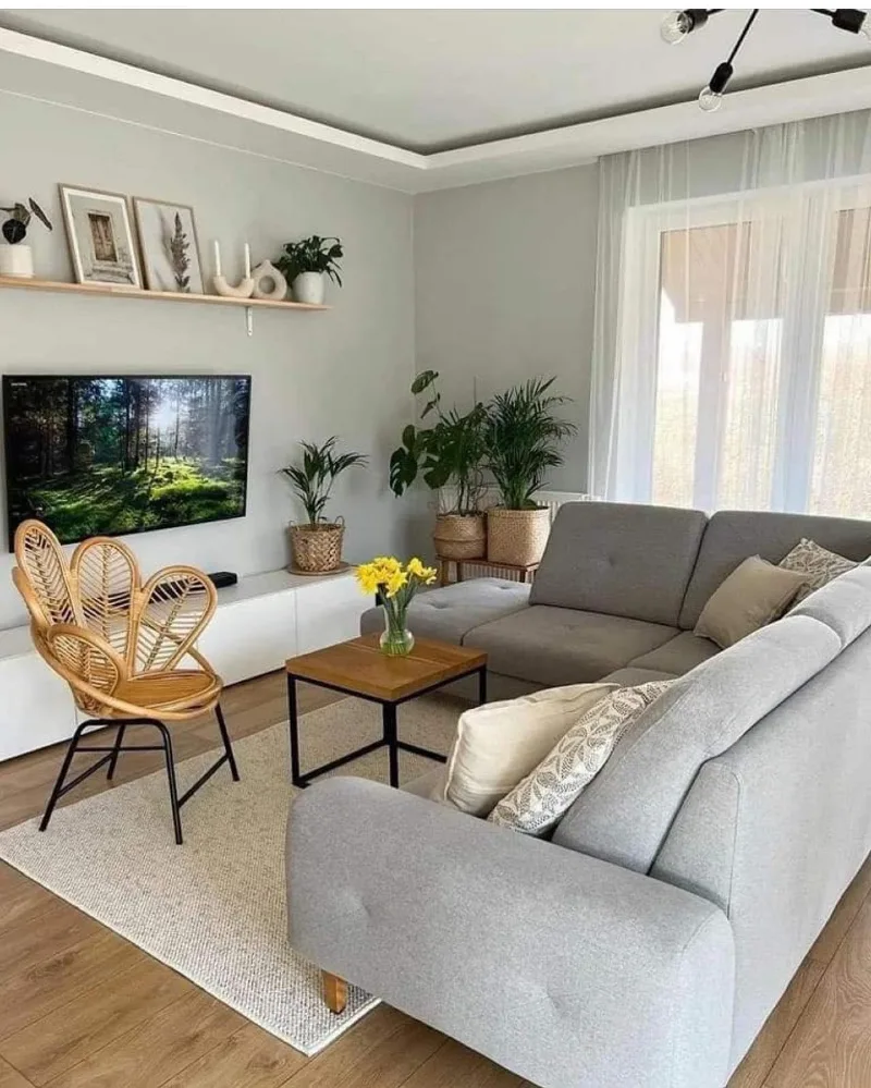 Peacock Rattan Accent Chair with Floating Wood Shelf and Gray Sectional Sofa