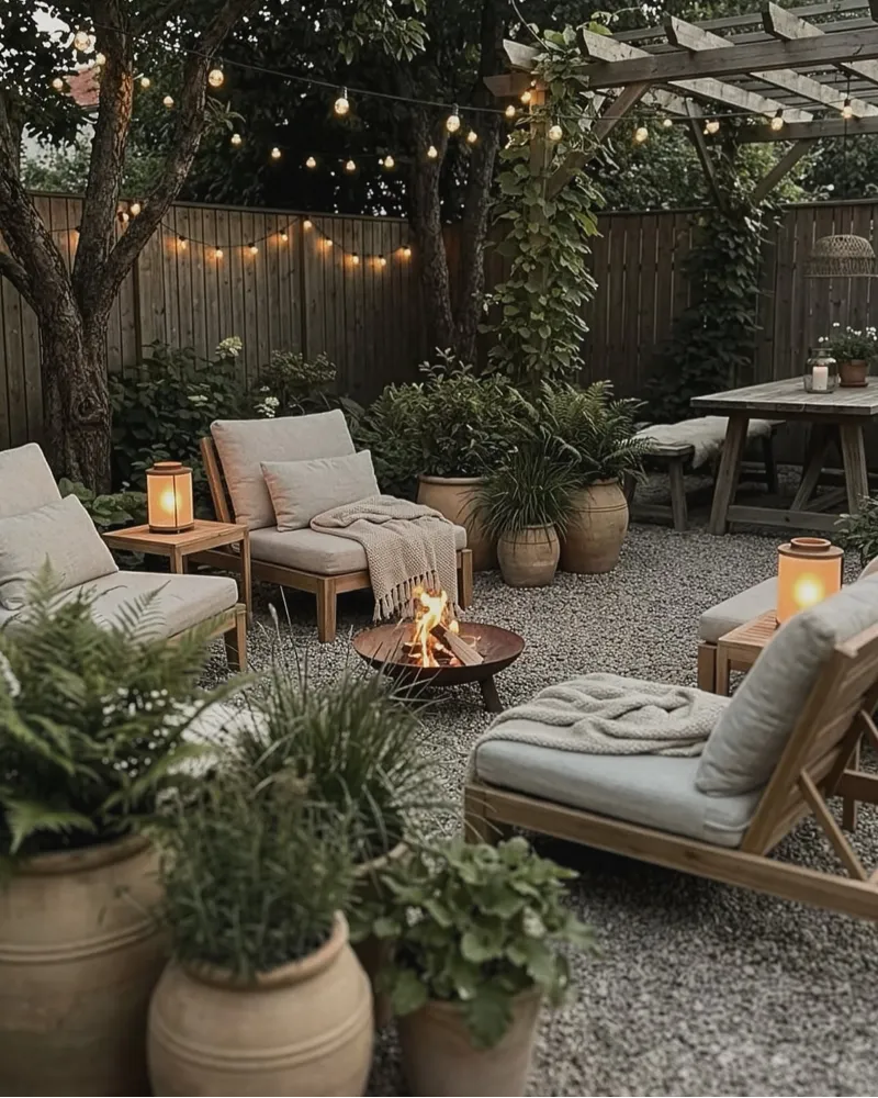 Pergola Lounge with Low Fire Bowl, Lantern Lighting, and Layered Planters