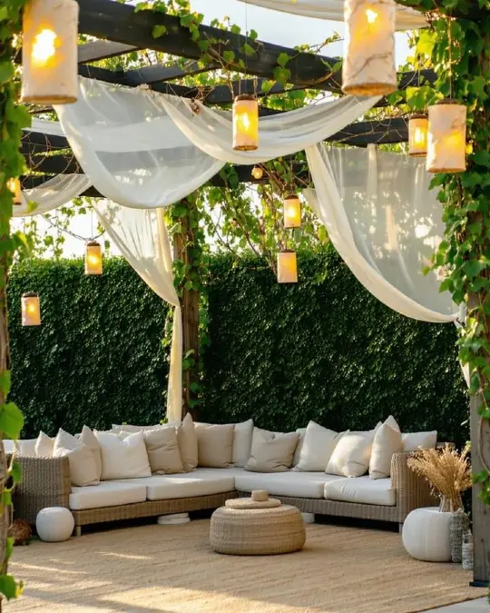 Pergola Wrapped in Living Hedges and Sheer Drapes