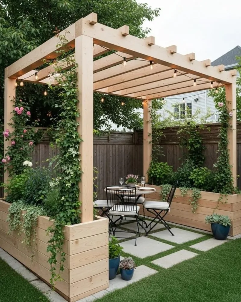 Pergola with Built-In Cedar Planters and Climbing Flowering Vines