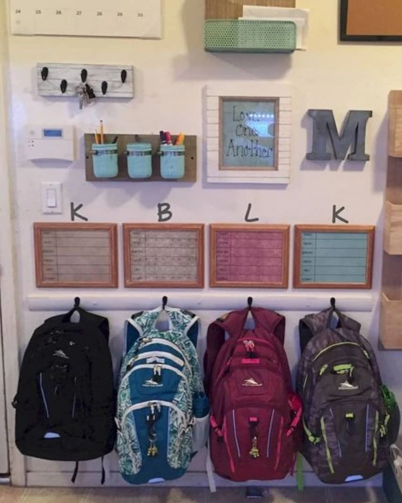 Personalized Multi-Kid Wall System with Color-Coded Boards and Wooden Mail Bins