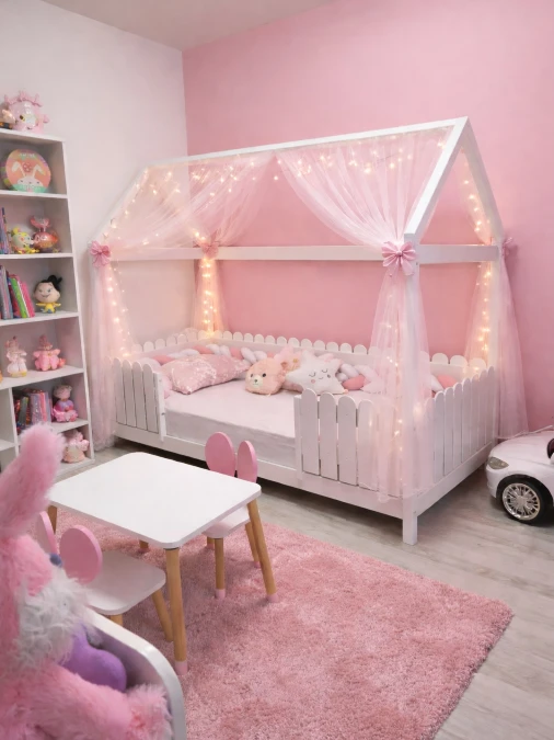 Picket Fence House Bed With Pink Tulle Canopy