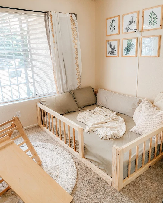 Pine Floor Bed With Earthy Green Linens