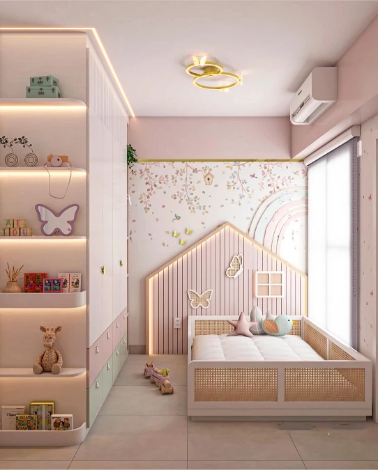 Pink House Bed With Illuminated Built In Shelving