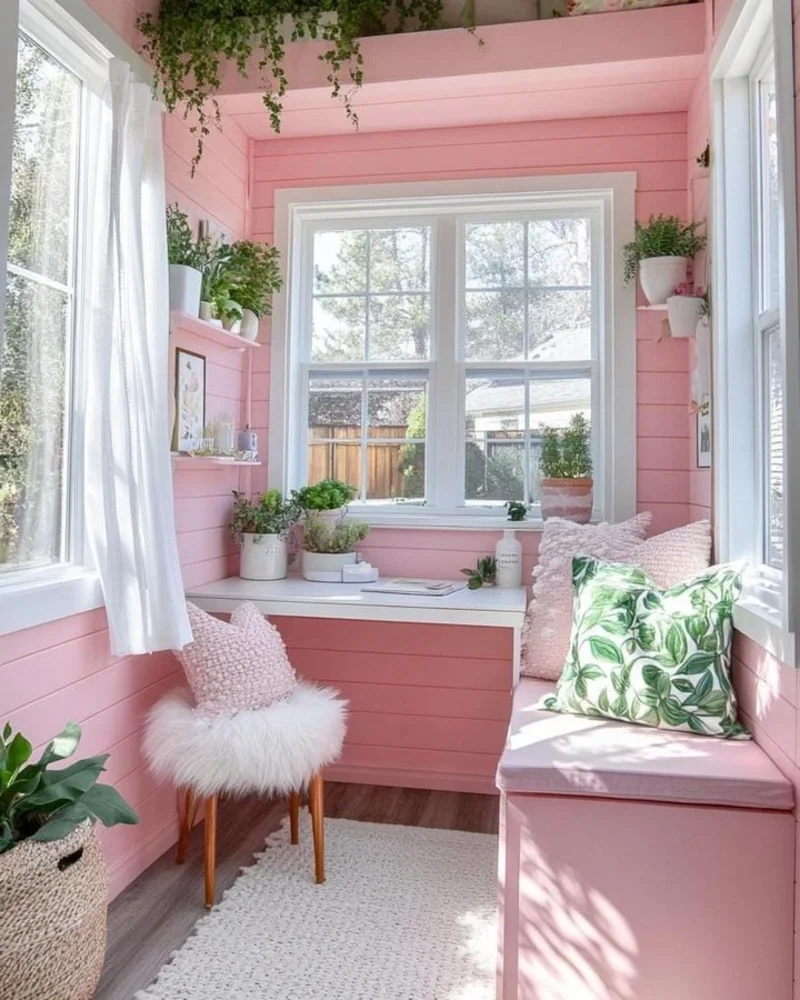 Pink Shiplap Nook with Built-in Storage Bench and Trailing Greenery