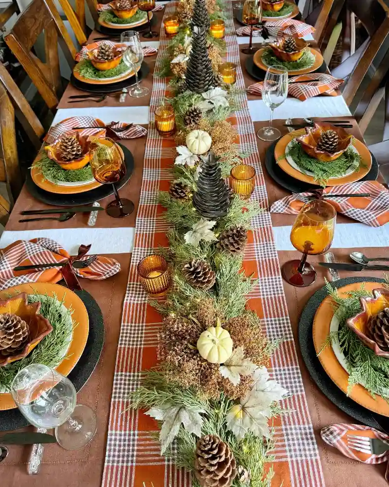 Plaid Table Runner with Evergreen Garland and Pinecone Accents