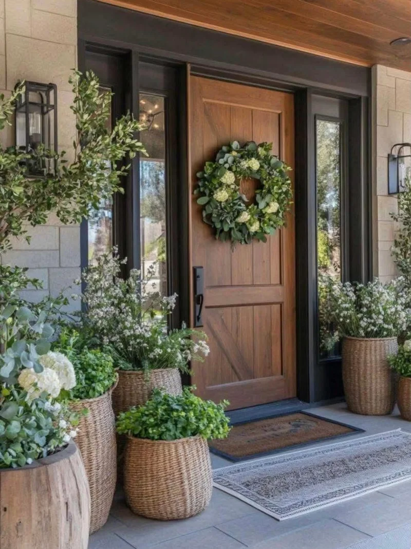 Plank Wood Door with Green Wreath and Woven Garden Planters
