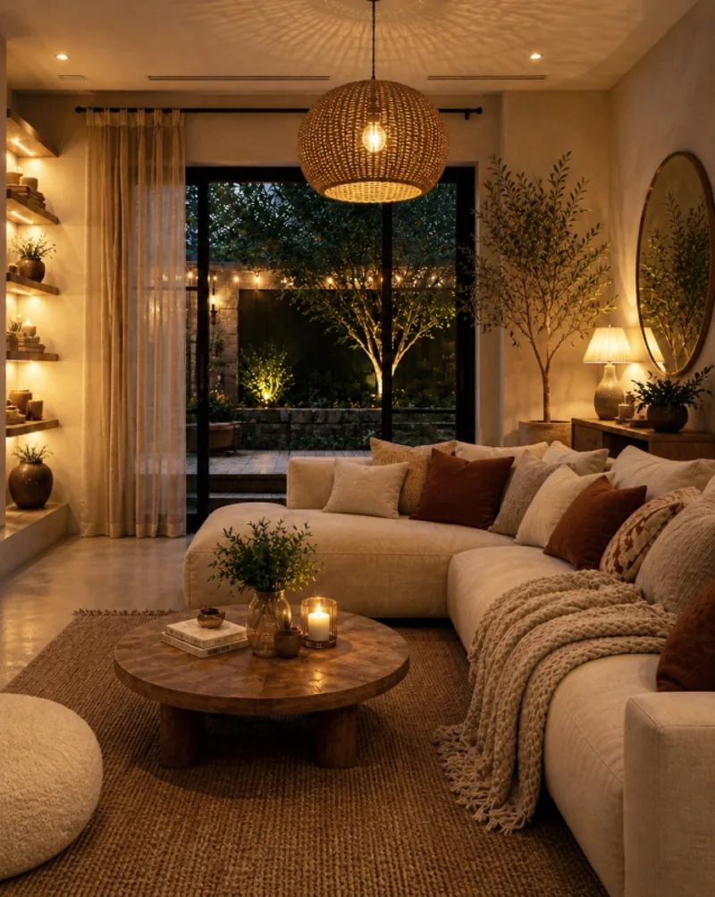 Plaster Fireplace with Woven Pendant and Textured Jute Rug