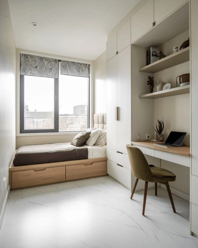 Platform Bed with Under Drawer Storage and Built In Desk Wall
