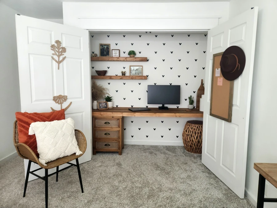 Playful Dotted Wallpaper Wall Warms Up a Closet Office