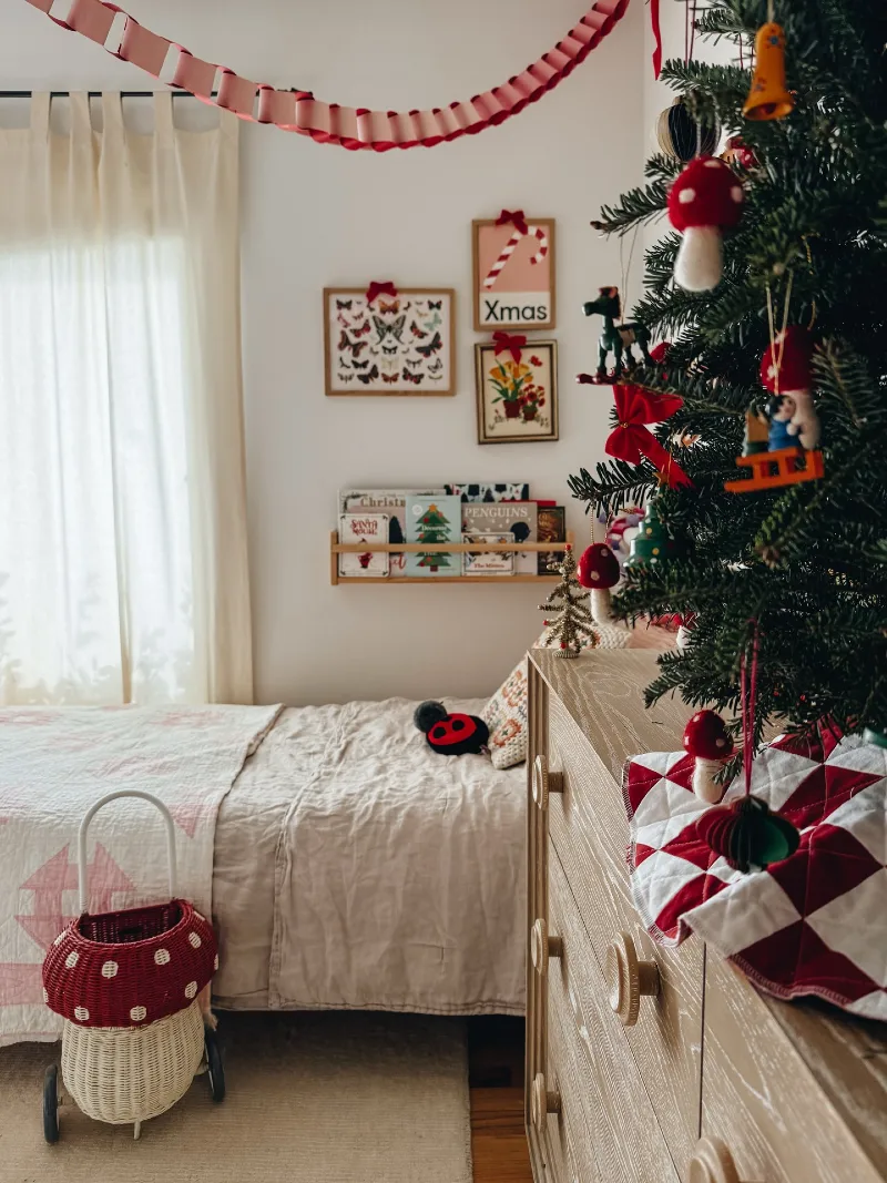 Playful Mushroom Motif Tree with Quilted Skirt and Paper Garland