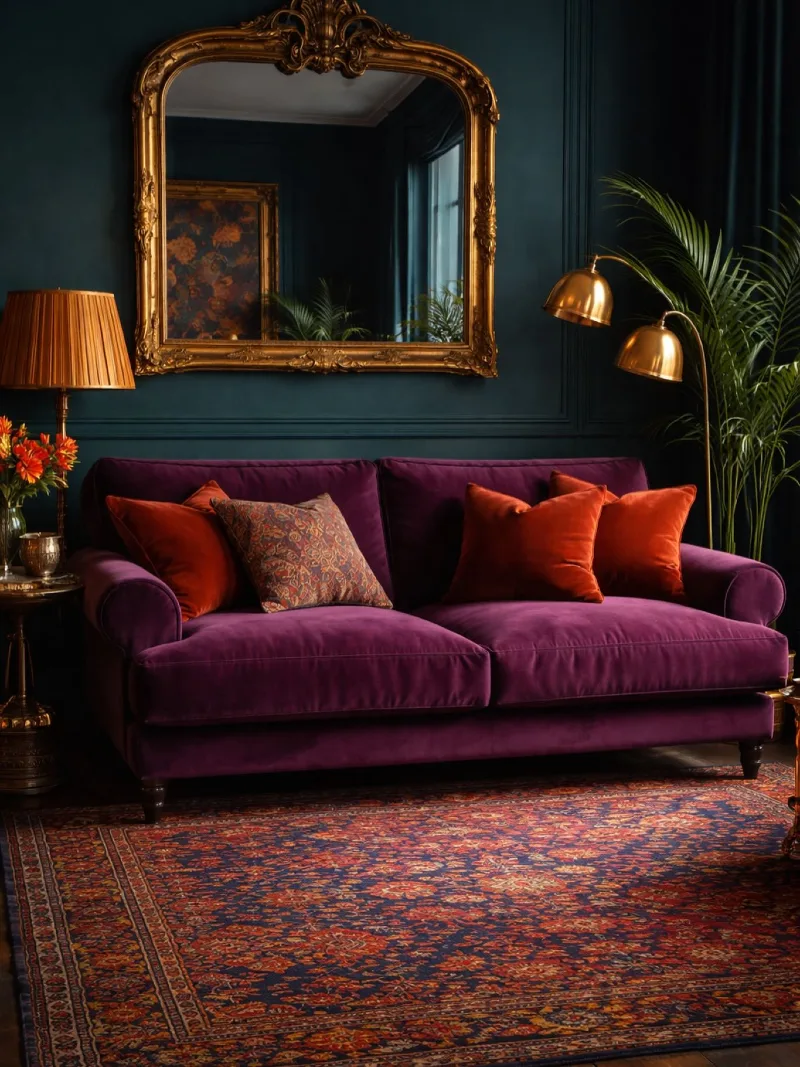 Plum Velvet Sofa Beneath an Ornate Gilded Mirror