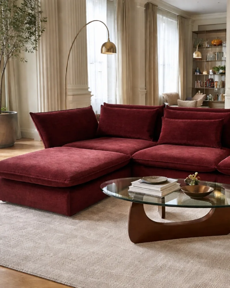 Plush Burgundy Sectional with Mid-Century Coffee Table