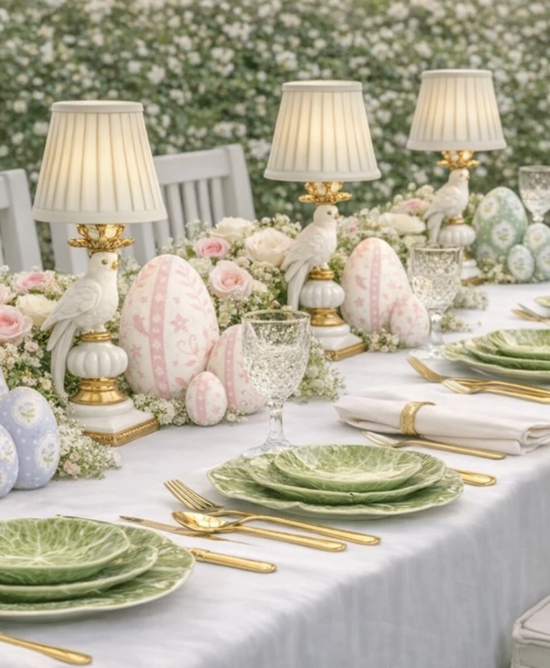 Porcelain Bird Lamps with Leaf-Patterned Plates and Pastel Eggs