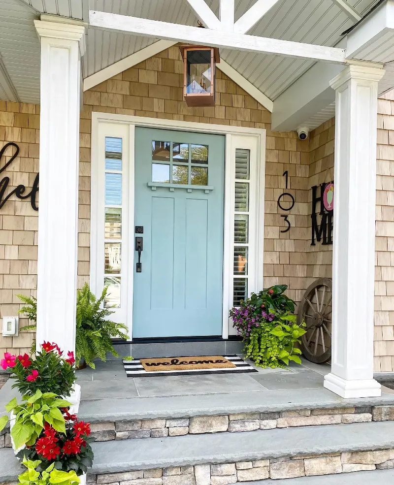 Powder Blue Craftsman Door with Cedar Shingles and White Sidelights
