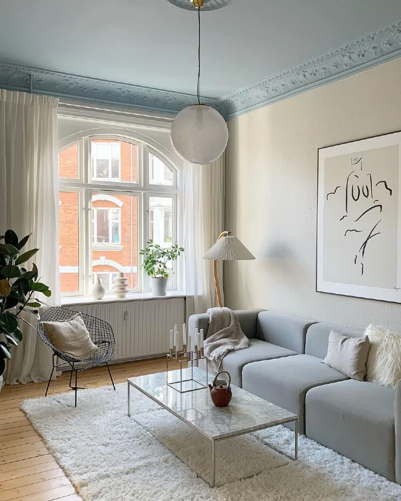 Powder Blue Tinted Ceiling with Ornate Cornice and Grey Modular Sofa